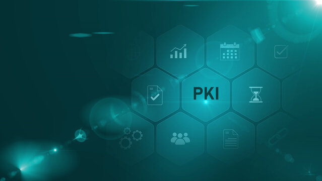 PKI Public Key Infrastructure Global Network Concept. Neon line Animated circuit board. optical lager light background