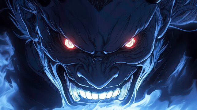 A close-up of a demonic creature with glowing red eyes and a fiery mouth.