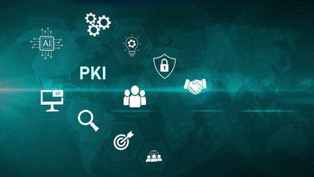 PKI Public Key Infrastructure Global Network Concept. Neon line Animated circuit board. optical lager light background