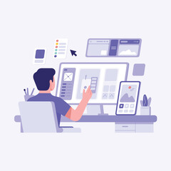 Fototapeta premium Professional user experience designer working on modern web interface development project in a minimalist monochromatic indigo illustration style