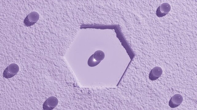 View from above of a violet powder sifted to perfection with a hexagonal imprint in the center with numerous hydrogel spheres chaotically laid over the surface, lit with orbiting light