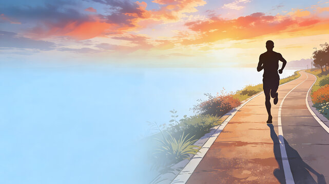 Silhouette of a runner on coastal path at sunset with orange sky and blue sea