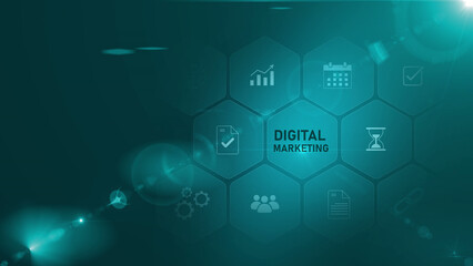 Naklejka premium Glowing neon line banner of digital marketing concept with icons of branding, advertising, SEO, social media, devices, internet and optical lager light background