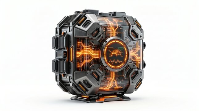 Futuristic Sci-Fi Metallic Cube Container with Glowing Orange Circuitry, High-Tech Energy Core Device Isolated on White Background