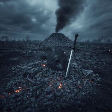 Medieval sword and shield resting on burning ash after a battle, smoking funeral pyre burial mound in a desolate historical landscape.