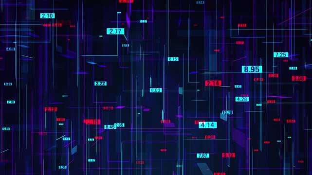 An abstract animation of digital data using neon lines and numeric markers against a dark background. The animation conveys the dynamics of technological development, financial indicators, and big dat