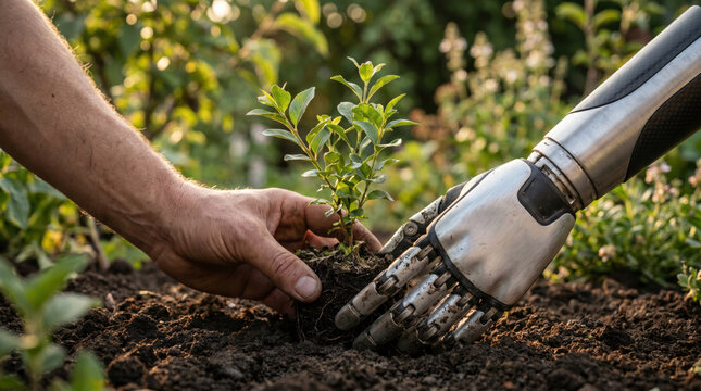 An AI robot hand and a human hand exchanging a tree sapling, symbolizing sustainability, innovation, and harmony between nature and technology for a green future and environment