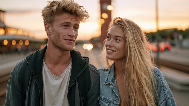 Junges blondes Paar genie&szlig;t verliebt einen Sommertag am Strand