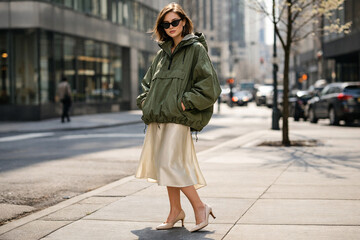 Obraz premium Trendy Woman in Oversized Olive Green Retro Nylon Anorak Jacket and Silk Skirt on City Sidewalk