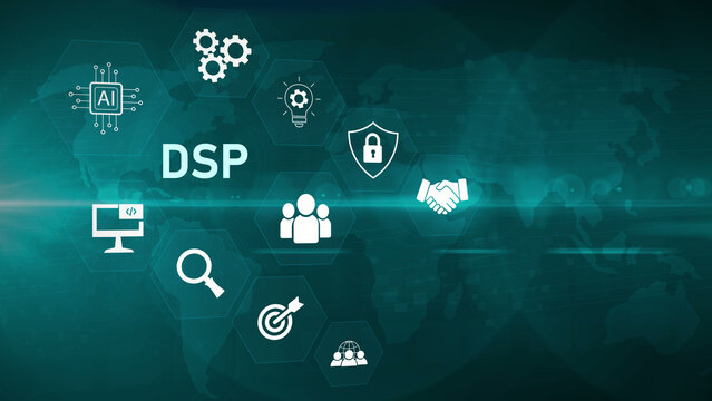 DSP - Demand Side Platform business, Technology, Internet and network concept. optical lager light background
