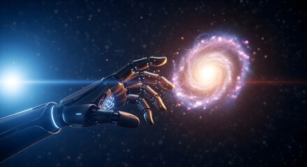 Naklejka premium Robotic hand reaching towards a glowing spiral galaxy in the dark expanse of outer space.