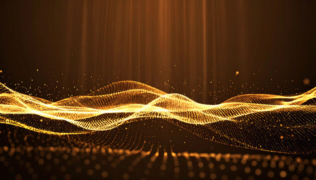 Abstract glowing golden particle wave, shimmering light particles creating an elegant undulating surface, digital technology background, ethereal glow and bokeh effect