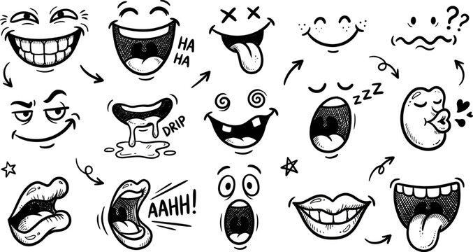 Set of handdrawn cartoon mouths and expressions, funny comic style facial features isolated on white background