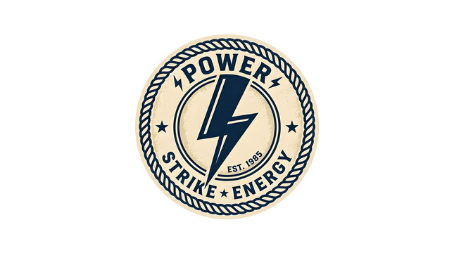 Power strike energy badge with lightning bolt icon isolated on white background vintage style circle emblem for business branding and company logo .