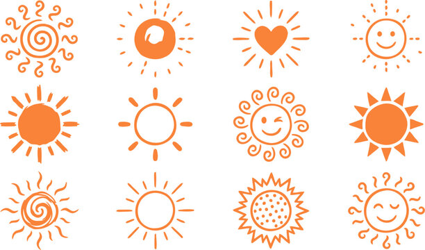 Set of hand drawn sun icons, doodle suns with different rays and shapes, vector illustration isolated on white background