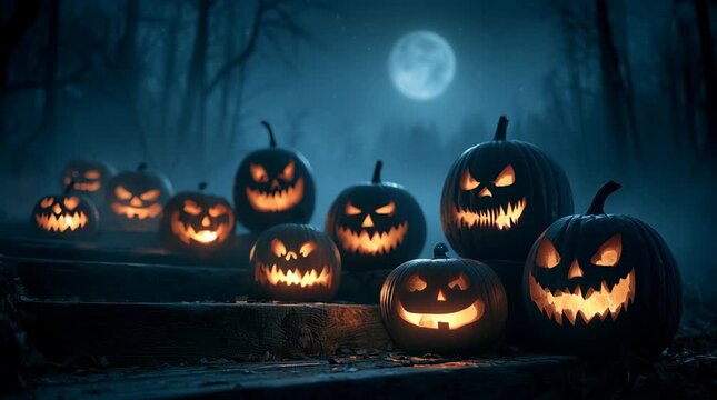 Multiple lit Jack-o'-lanterns with scary and funny faces arranged on rustic wooden steps, full moon in the dark blue sky, eerie forest background