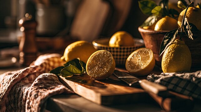 Mediterrane Zitronen-Komposition in frischem Sommerlicht
