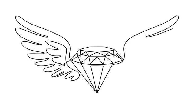 Animated self drawing of single continuous line draw winged diamond for jewelry, royalty, Wings and diamond shapes symbol. Full length one line animation, illustration art hand drawn black and white.