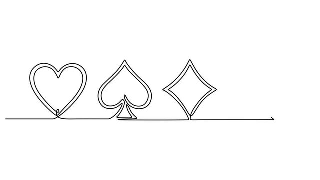 four playing card suits animation continuous line drawing, Full length animated, Self drawing animation of single line draw poker cards suit shape. Spades suit deck of playing card used for ace in pro