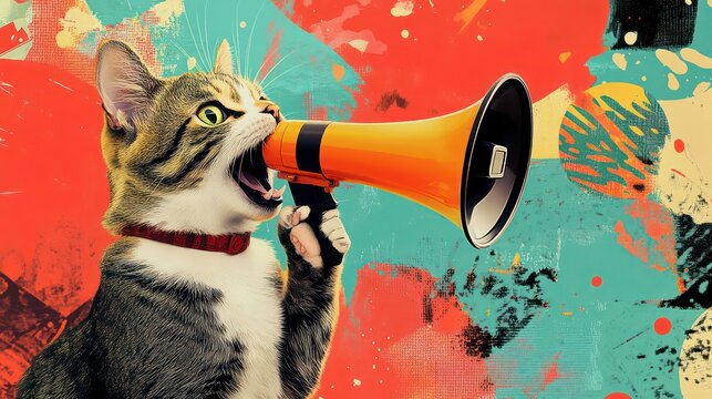 A tabby cat with a red collar shouts into a yellow megaphone against a colorful abstract background.