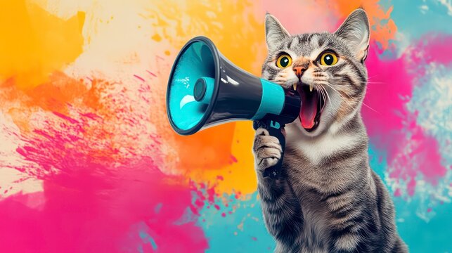 A tabby cat with a surprised expression holds a megaphone in its paw and is yelling into it. Colorful splatters are in the background.