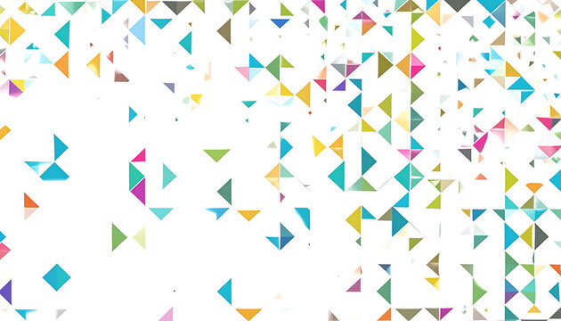 Abstract pattern of scattered colorful geometric triangles and squares on a white background, dynamic and playful composition