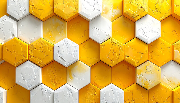 Abstract honeycomb pattern with textured yellow and white hexagonal cells, shimmering gold flecks, geometric background, digital art