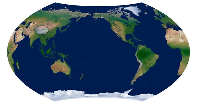 World Map. Wagner projection animation with longitude rotation. High-detail physical Earth map. Educational and scientific visualization.
