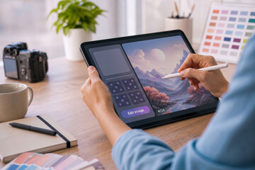 Fototapeta premium Digital Artist Editing Landscape Illustration on Tablet with Stylus