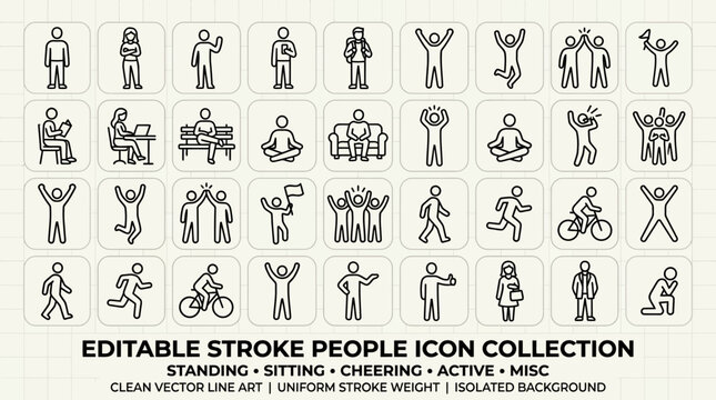 Collection of Editable Stroke People Icons in Various Poses.