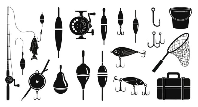 Fishing equipment and tackle, black icons set, outdoor recreation concept, background