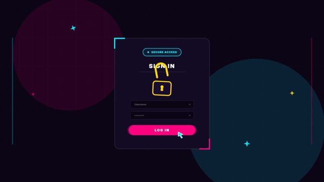 Animated neon login interface with padlock unlocking on dark background