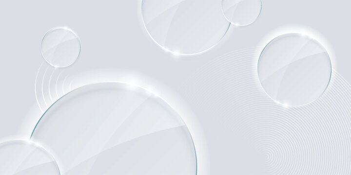 Abstract light gray and white geometric background with elegant 3D neumorphic circles and multiple glossy glassmorphism plates. Modern minimalist backdrop featuring soft shadows, reflective glass