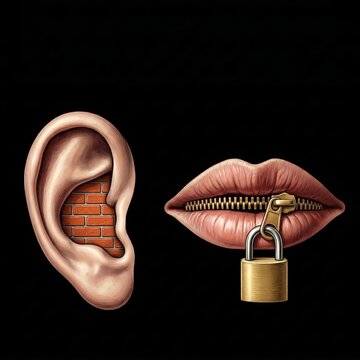 Brick ear and lip zipper art abstract concept unique design creative environment close-up view