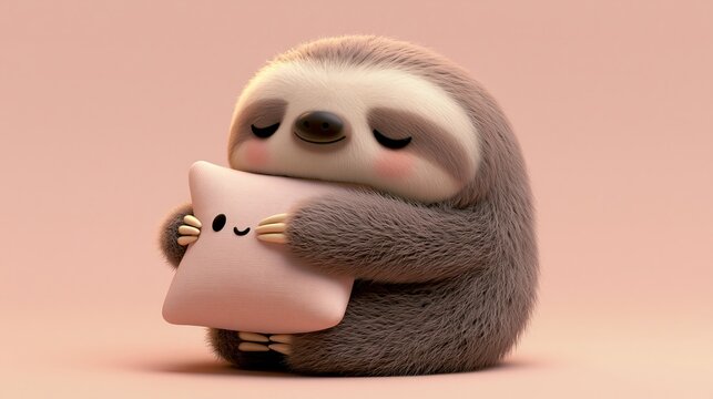 Sweet cartoon sloth holds a pillow. This is a lovable and cute animal design, a charming icon for you.