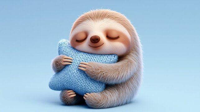 Sweet cartoon sloth holds a pillow. This is a lovable and cute animal design, a charming icon for you.
