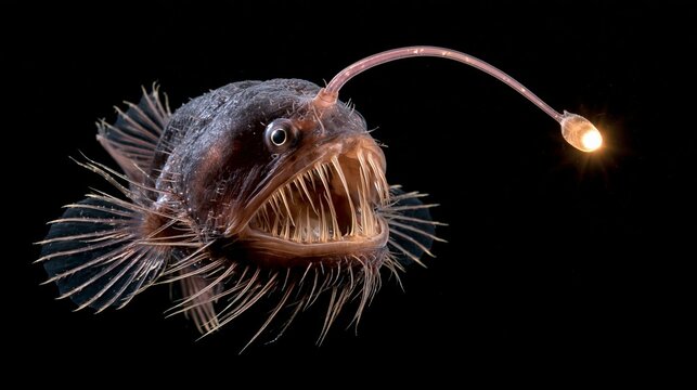 Anglerfish lure glows on black, showing sharp teeth.