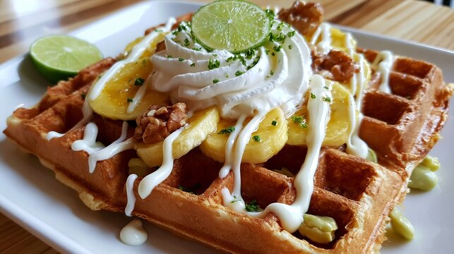 Sweet waffles, topped with banana slices, a hint of lime, and creamy condensed milk, are served.