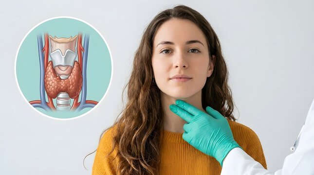Woman Thyroid Gland Anatomy Inset Doctor Gloved Hand Neck Checkup Endocrine Health Awareness Clinic Diagnosis Education Medical Illustration