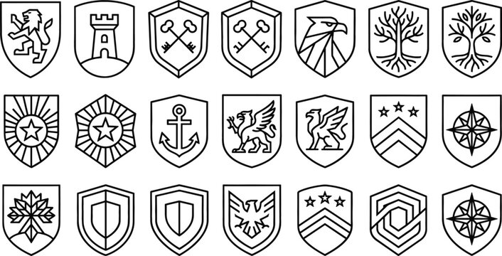 Heraldic shield and security crest line icon set featuring medieval coat of arms lions eagles trees keys anchors and geometric logo symbols vector illustration