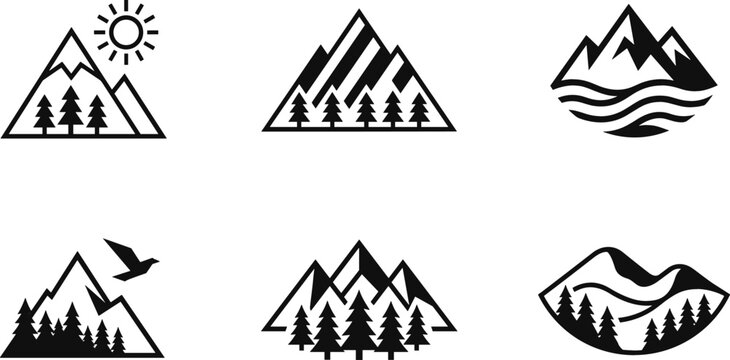 Mountain landscape line and silhouette icon set featuring pine trees peaks sun waves adventure logo emblem outdoor travel symbols vector illustration