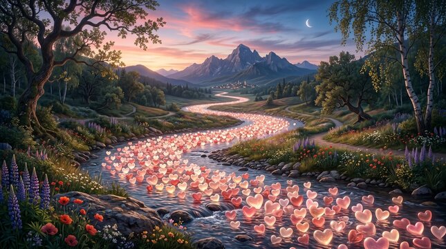 Flowing river of heart shapes through mountain valley at sunset with landscape