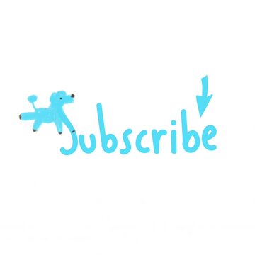 Animated blue Subscribe text with arrow and cute dog illustration, representing social media promotion, audience engagement, content following, and digital marketing.