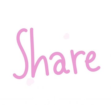 Animated pink Share text with heart accents in playful handwritten style, representing social media sharing, engagement, connection, and online communication.