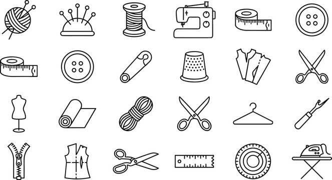 Sewing and tailoring line icon set featuring sewing machine scissors thread spools buttons yarn needles zippers mannequin and craft tools vector illustration