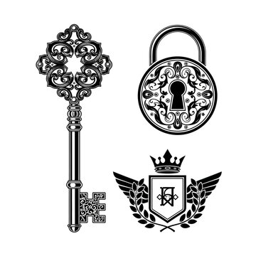 Vintage Key, Lock, and Emblem: Symbol of Security, Mystery, and Heritage