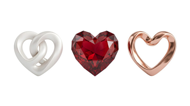 Three heart jewelry elements in silver, red ruby gemstone and rose gold isolated on transparent background