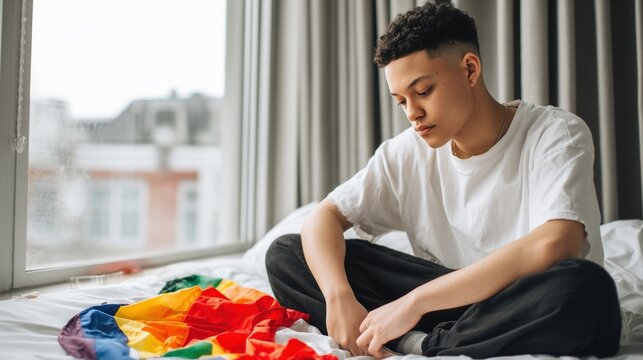 Young African American man sits thoughtfully on bed holding colorful rainbow pride flag, contemplating identity and belonging in soft natural light near window in intimate bedroom setting