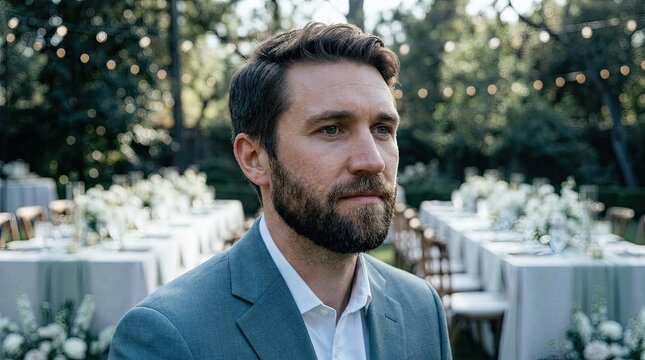 Mann im eleganten Anzug bei einer Outdoor-Hochzeit im Bokeh-Licht