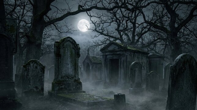 Gruseliger Friedhof bei Nacht mit Vollmond und Nebelschwaden